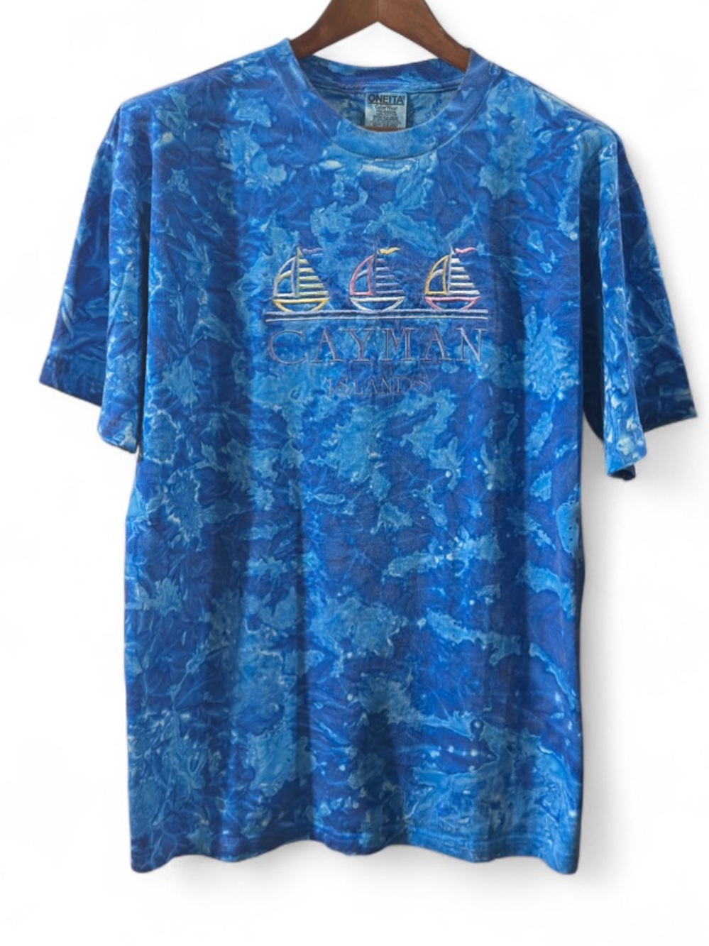 Vintage Cayman Islands Blue Tie Dye Embroidered T-Shirt Size Men’s Large